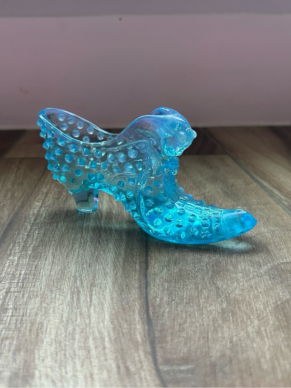 Antique Fenton Art Glass Aqua Blue Hobnail Cat Head Slipper Shoe